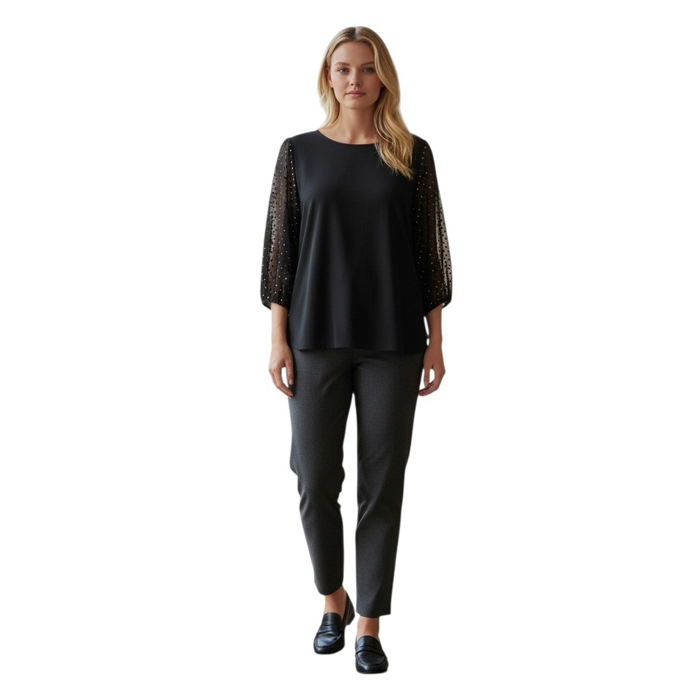 Adrianna Papell Womens 1X Black Knit Blouse Sheer Gold Dot Balloon Sleeve Top‎